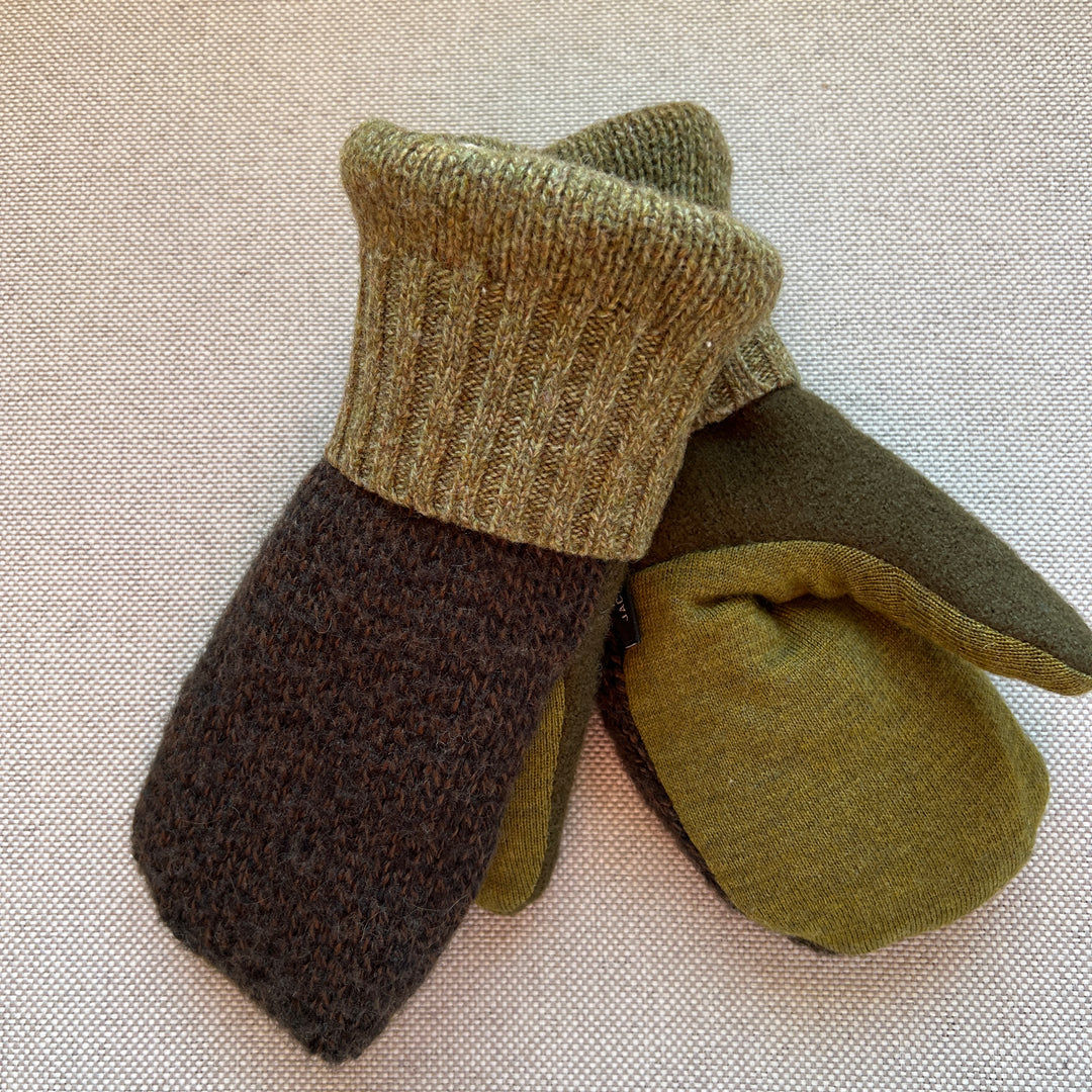 recycled sweater mittens, lined with cozy sherpa fleece, shades of green & brown