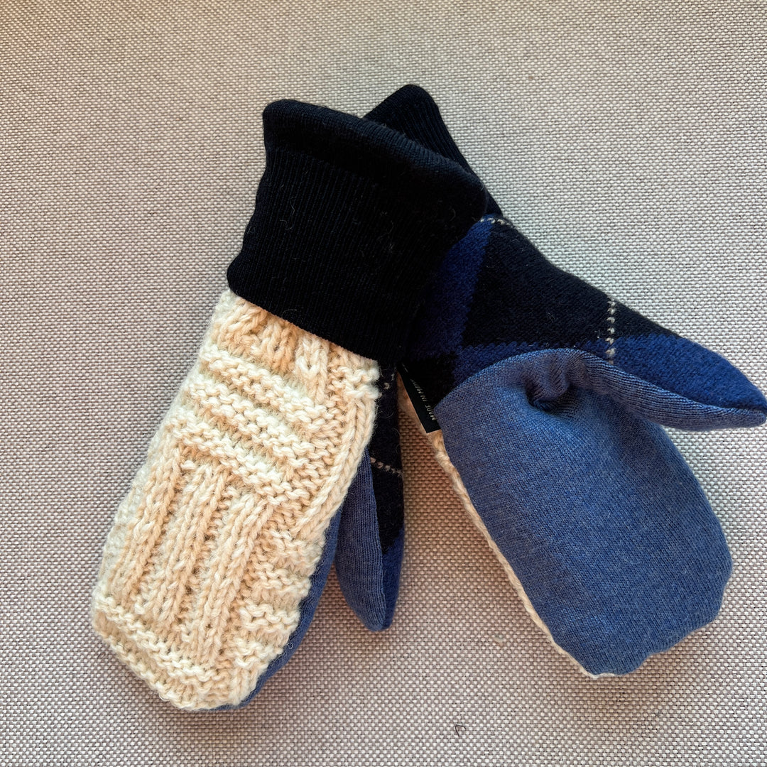 recycled sweater mittens, lined with cozy sherpa fleece, irish cream & blues