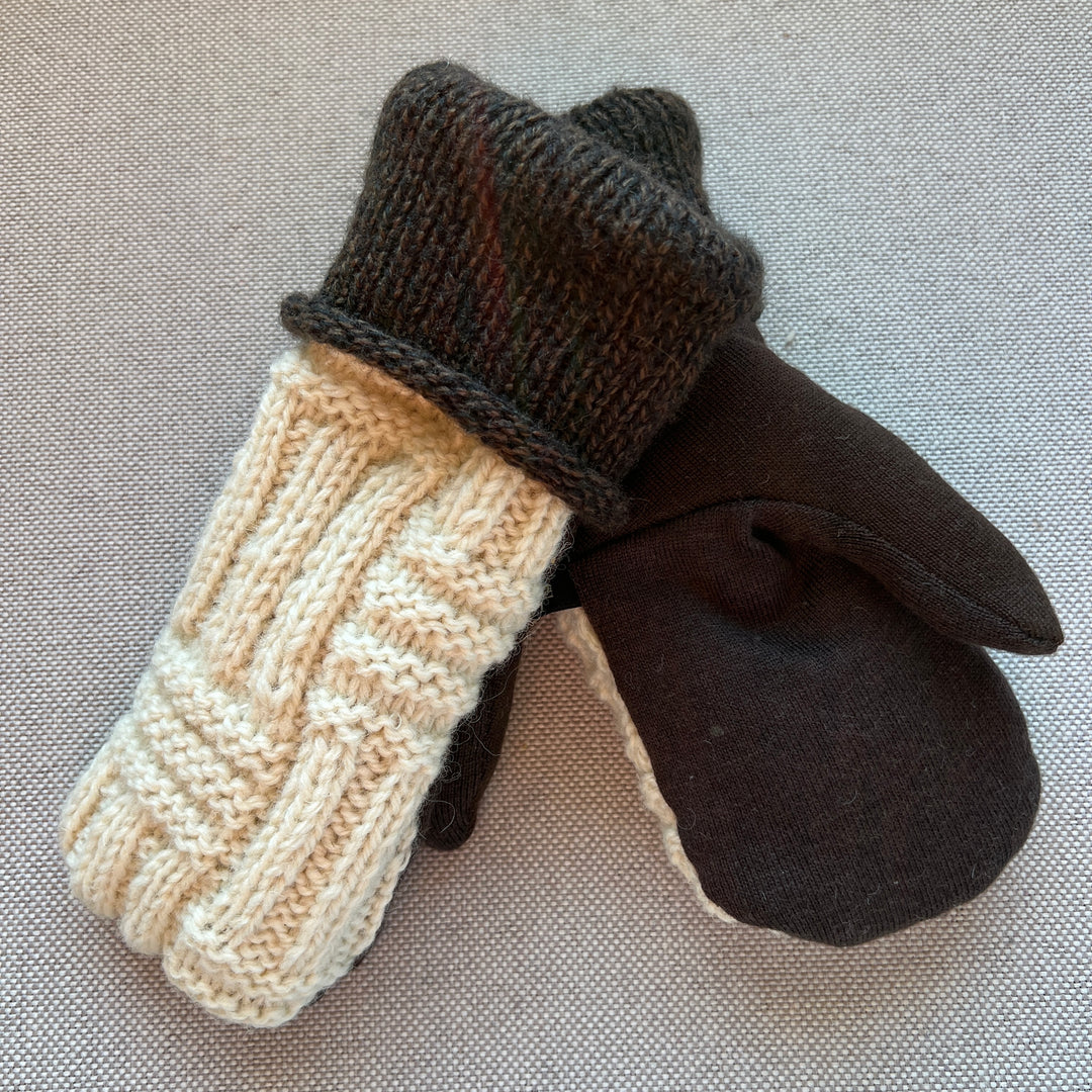 recycled sweater mittens, lined with cozy sherpa fleece, irish cream & brown