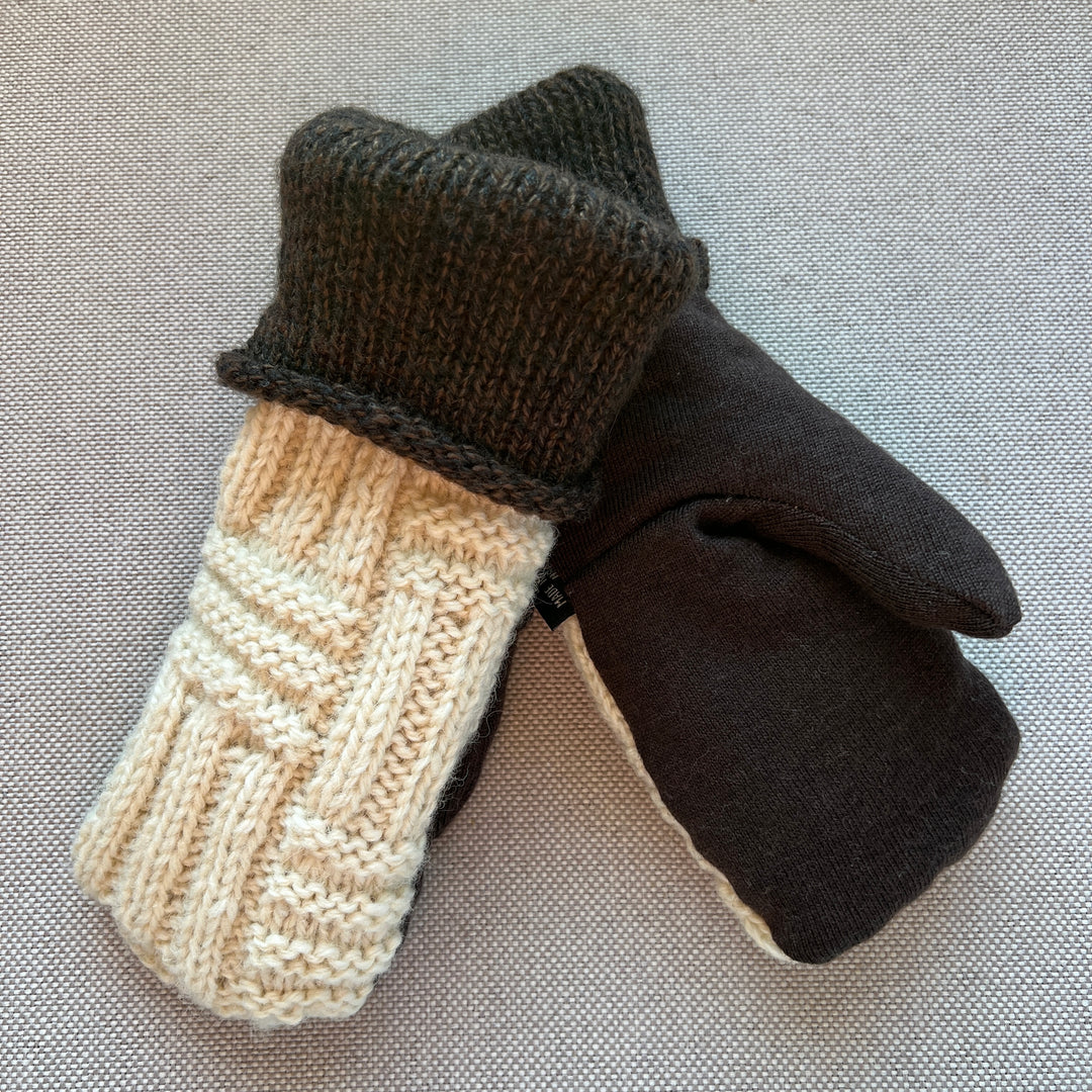 recycled sweater mittens, lined with cozy sherpa fleece, Irish cream & brown
