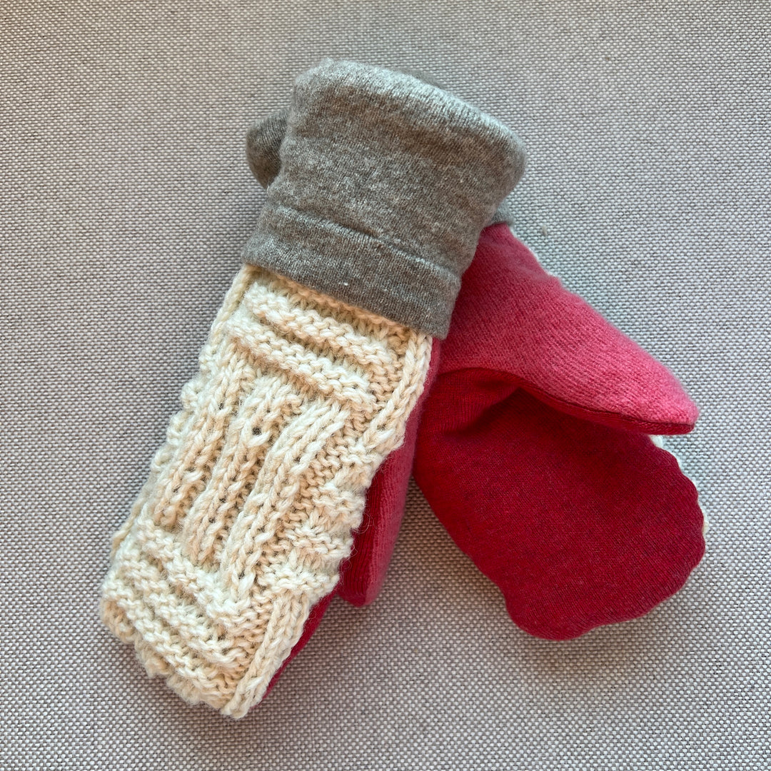 recycled sweater mittens, lined with cozy sherpa fleece, cream & watermelon