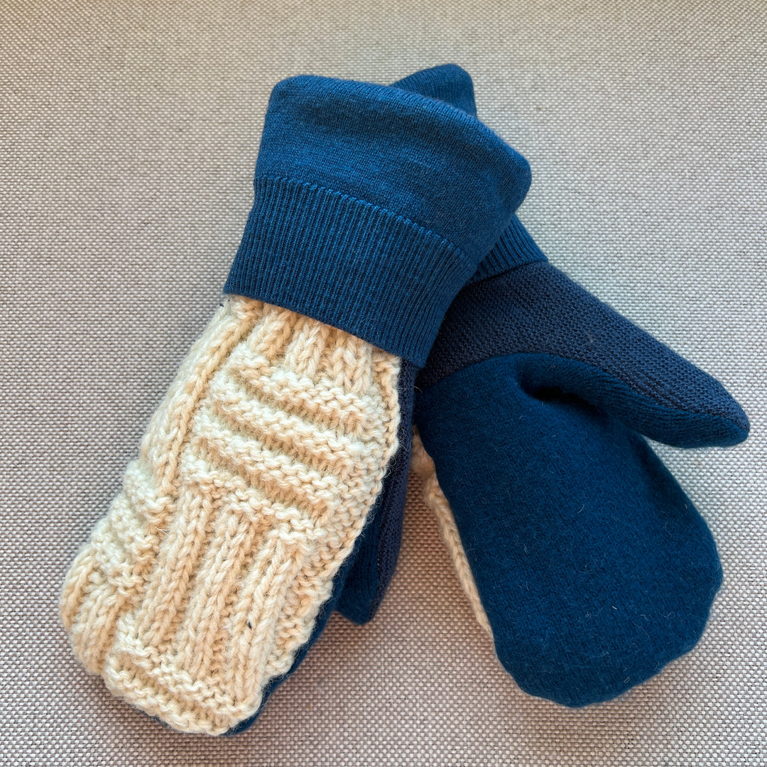 recycled sweater mittens, lined with cozy sherpa fleece, irish cream & mallard