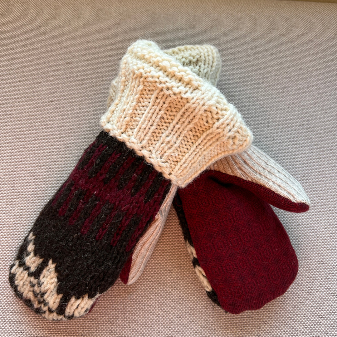 recycled sweater mittens, lined with cozy sherpa fleece, cream, brown & maroon