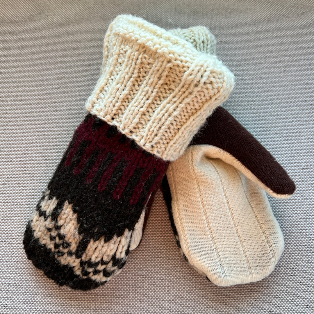 Sherpa Lined Sweater Mittens - Cream, Brown & Maroon - 555
