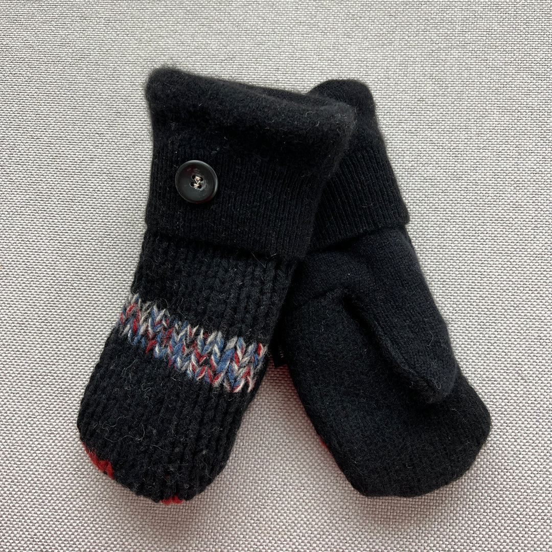 women's mittens small,Black, Red, Blue & Cream