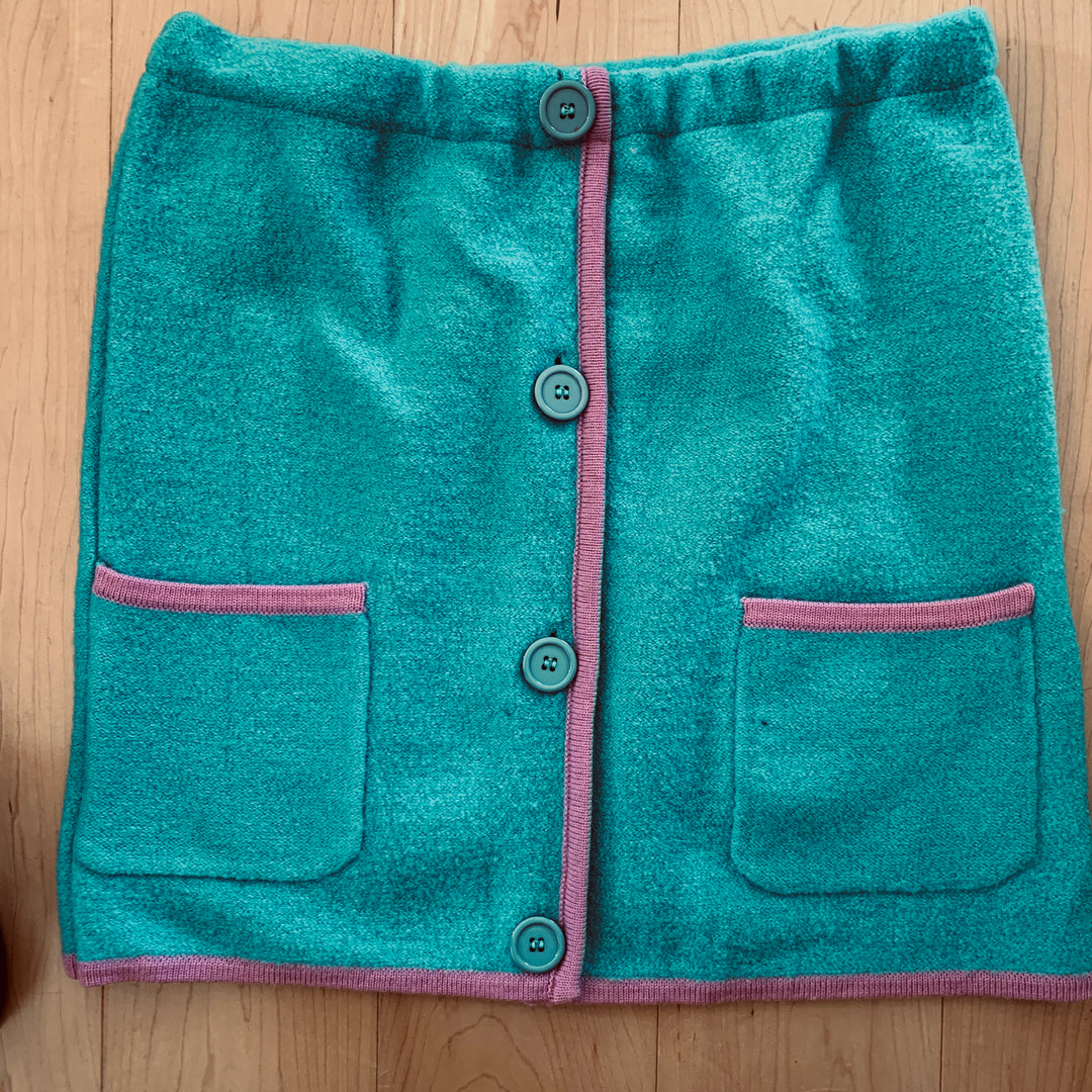 Bun Warmer Skirt, Turquoise, Pink Trim with Buttons & Patch Pockets, Size Medium