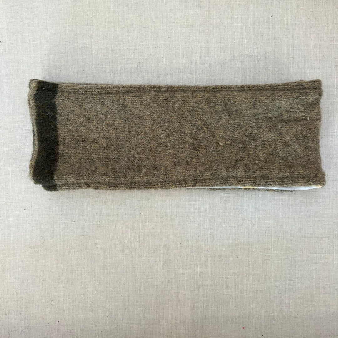 Headband made from recycled wool sweaters, limed with cozy fleece, Light Olive with Dark Olive Stripe