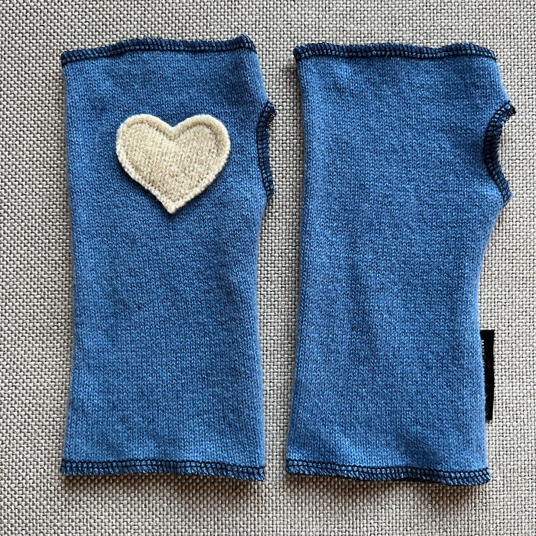 Fingerless Mittens Short, Cornflower Blue with Cream Heart