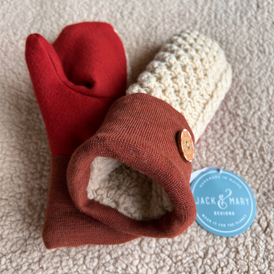 Sherpa Lined Sweater Mittens - Cornsilk, Rust, & Fall Leaf Orange