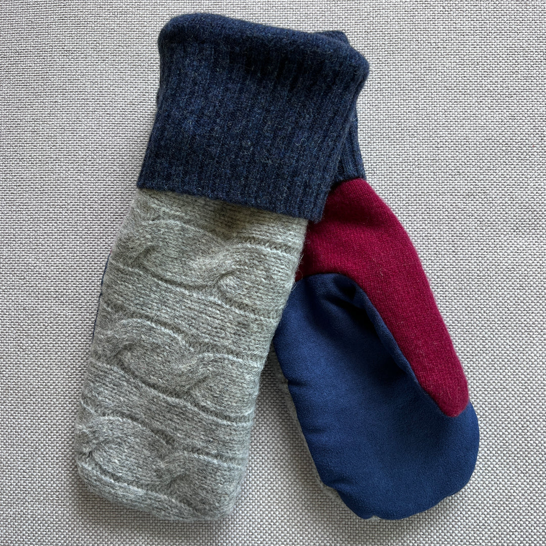 Men's Driving Mittens made from recycled wool sweaters, micro-suede palm, lined with cozy fleece, Grey, Blue & Berry