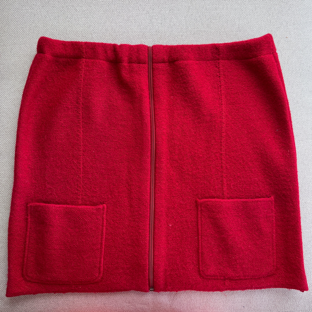 bun warmer skirt made from a recycled wool sweater. color, red