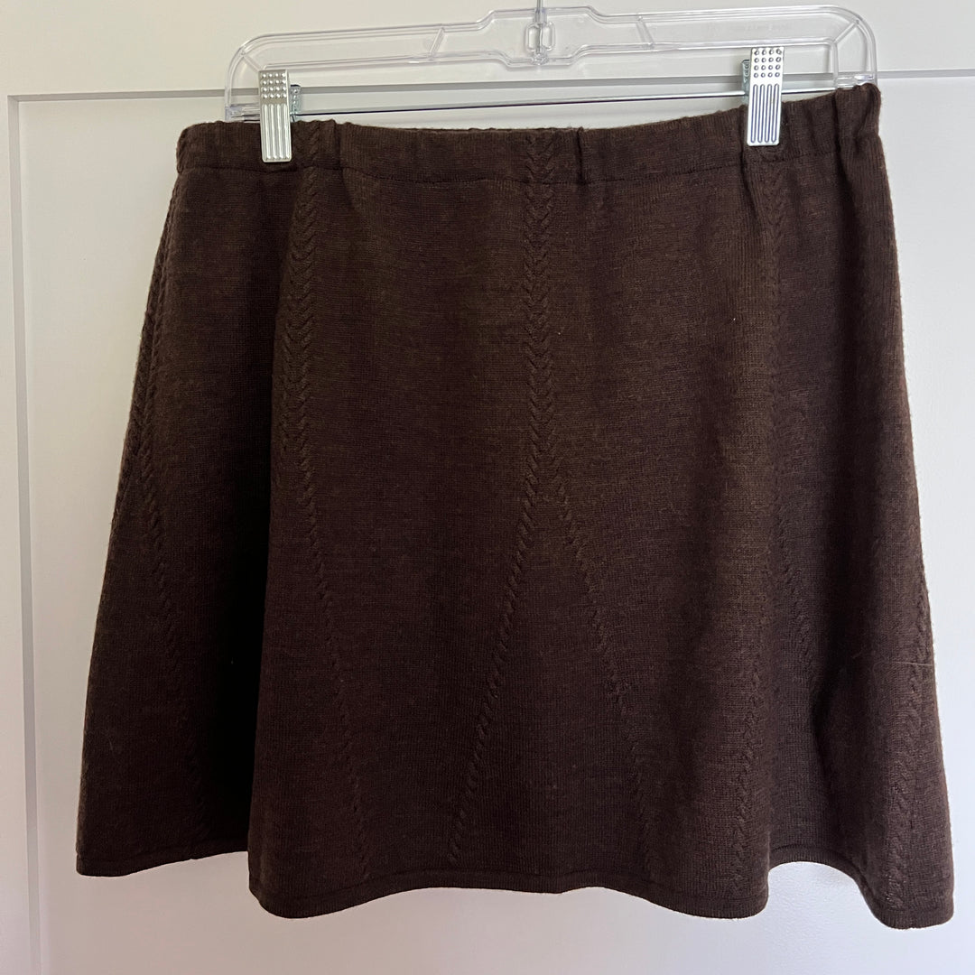 bun warmer skirt made from a recycled wool sweater. color, chocolate brown