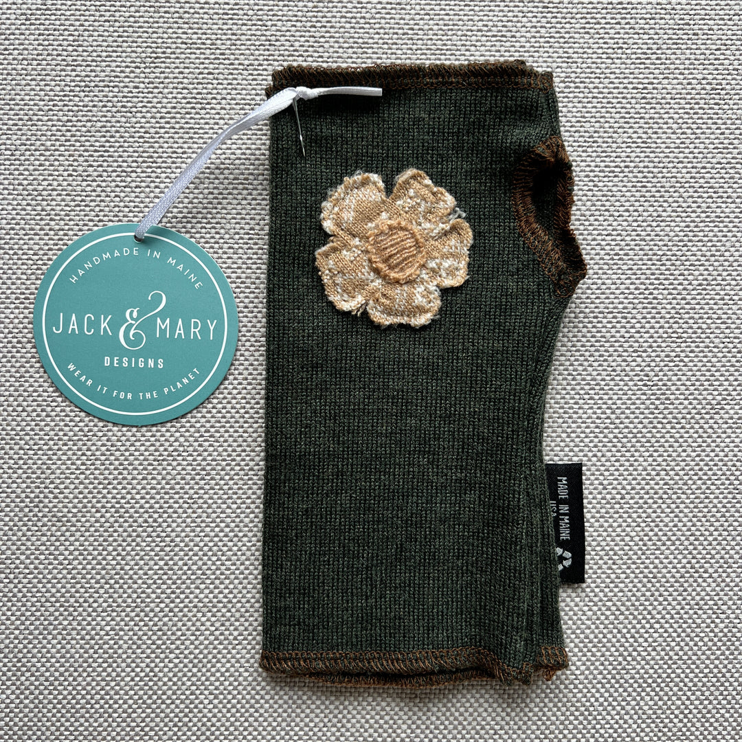 Fingerless Mittens Short, Olive Merino Wool with Tan Flower